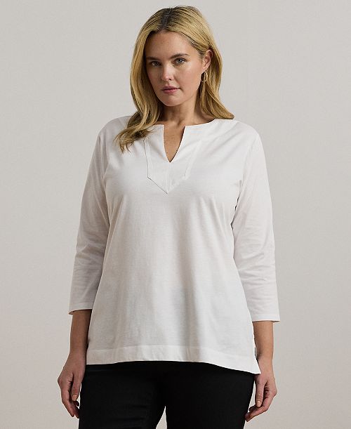 Lauren Ralph Lauren Women's Plus Size Split-Neck Three-Quarter Sleeve Cotton Tunic Women's Fashion Shoes & Accessories