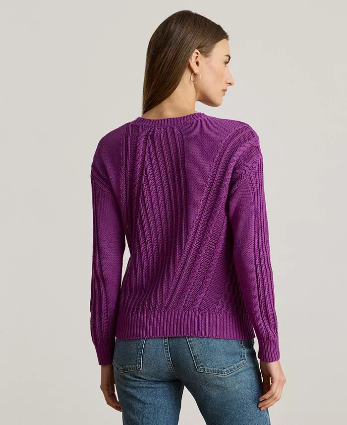 Lauren Ralph Lauren Women's Pointelle-Knit Cotton Crewneck Sweater Women's Fashion Shoes & Accessories
