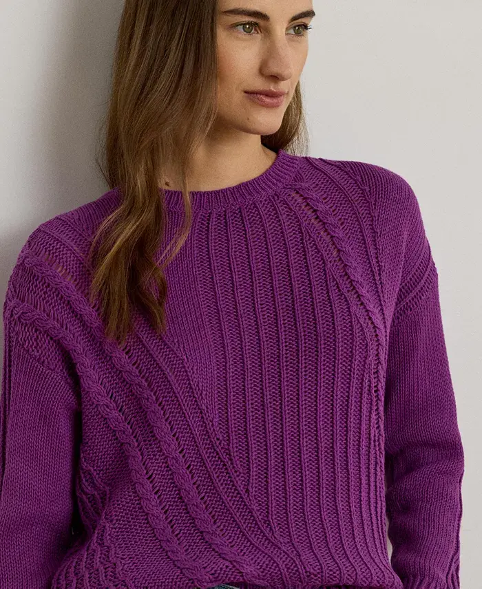 Lauren Ralph Lauren Women's Pointelle-Knit Cotton Crewneck Sweater Women's Fashion Shoes & Accessories