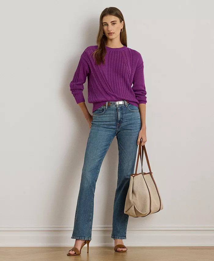 Lauren Ralph Lauren Women's Pointelle-Knit Cotton Crewneck Sweater Women's Fashion Shoes & Accessories