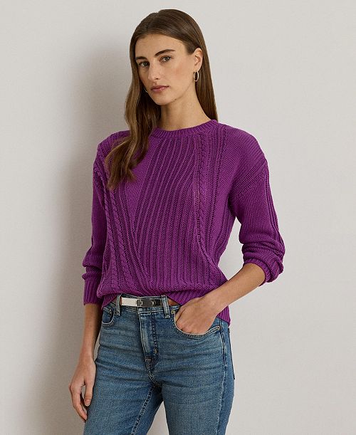 Lauren Ralph Lauren Women's Pointelle-Knit Cotton Crewneck Sweater Women's Fashion Shoes & Accessories