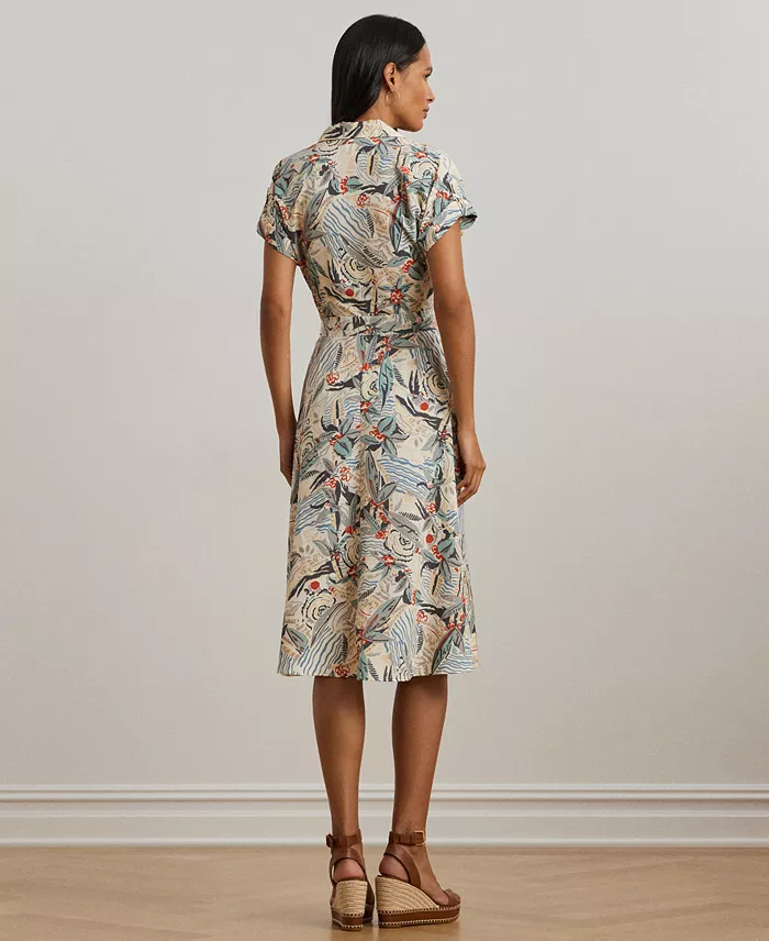 Lauren Ralph Lauren Women's Print Belted Crepe Camp Shirtdress Regular & Petite Women's Fashion Shoes & Accessories