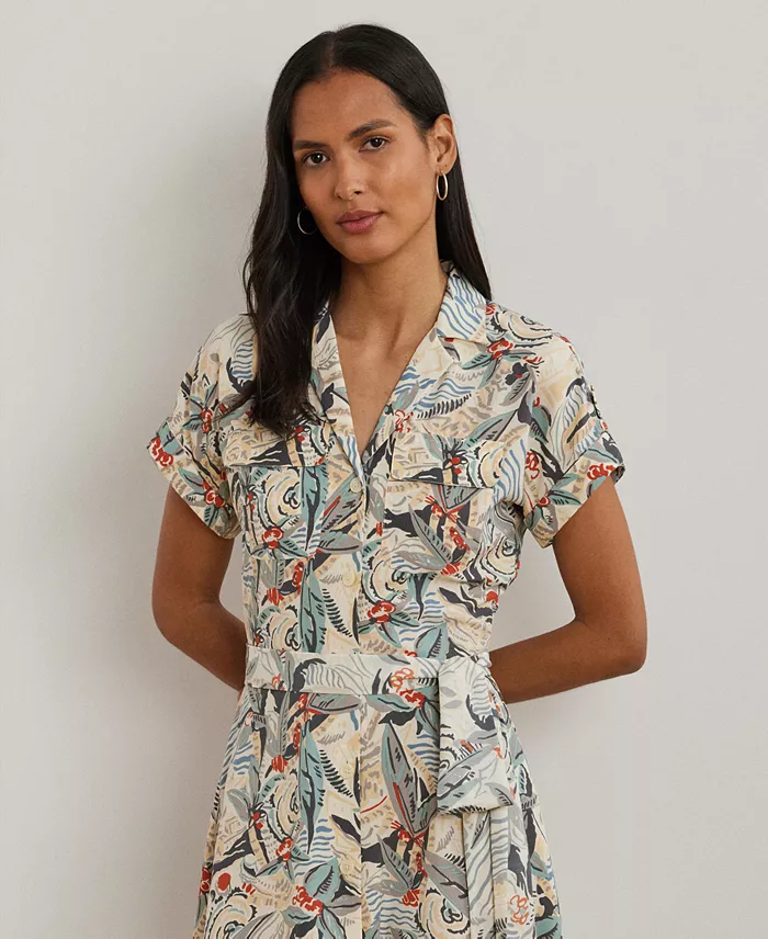 Lauren Ralph Lauren Women's Print Belted Crepe Camp Shirtdress Regular & Petite Women's Fashion Shoes & Accessories