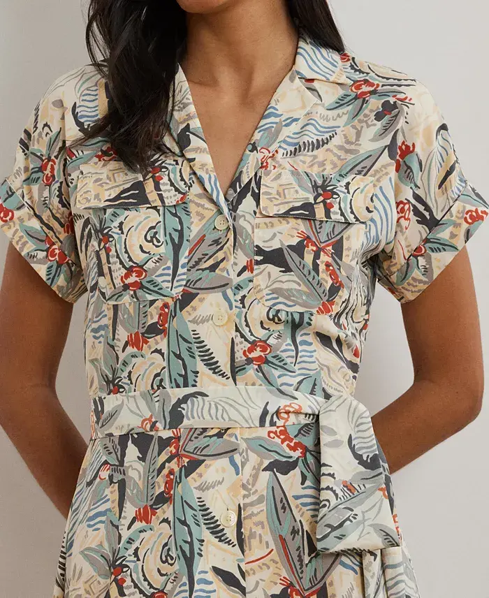 Lauren Ralph Lauren Women's Print Belted Crepe Camp Shirtdress Regular & Petite Women's Fashion Shoes & Accessories