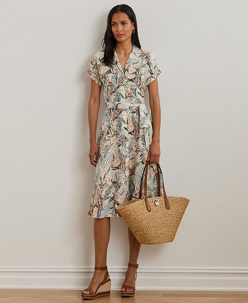 Lauren Ralph Lauren Women's Print Belted Crepe Camp Shirtdress Regular & Petite Women's Fashion Shoes & Accessories