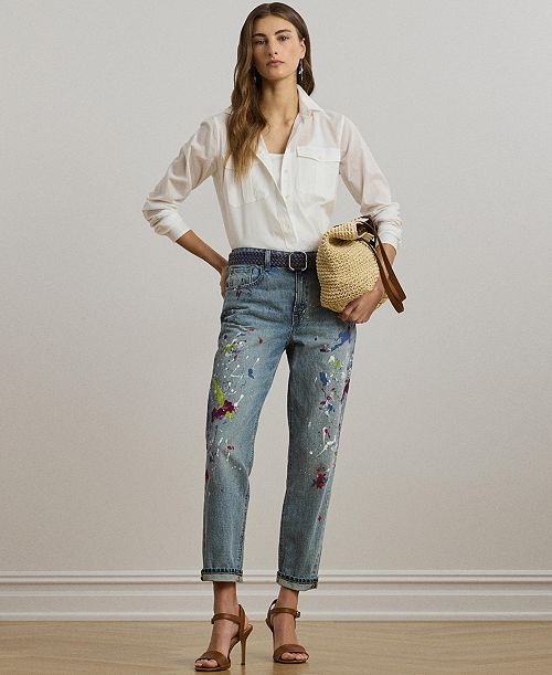 Lauren Ralph Lauren Women's Print Boyfriend Tapered Ankle Jeans Women's Fashion Shoes & Accessories