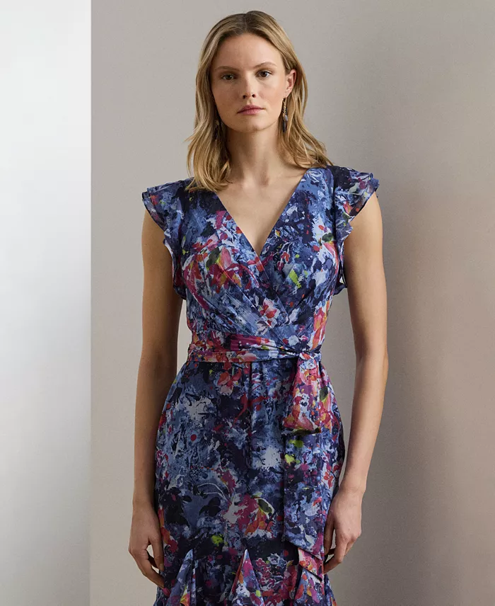 Lauren Ralph Lauren Women's Print Ruffle-Trim Crinkle Georgette Gown Women's Fashion Shoes & Accessories