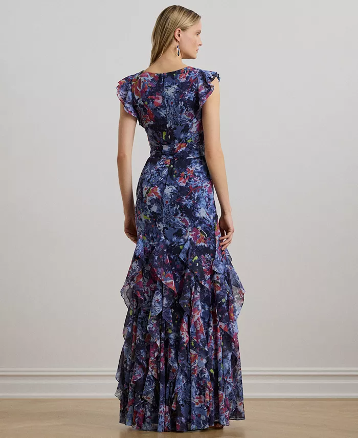 Lauren Ralph Lauren Women's Print Ruffle-Trim Crinkle Georgette Gown Women's Fashion Shoes & Accessories
