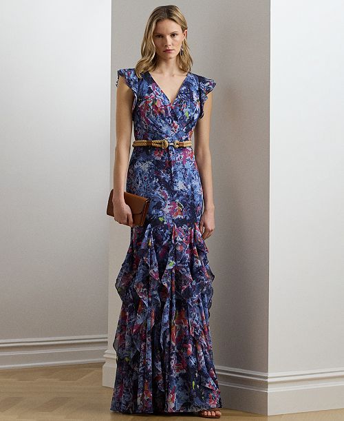 Lauren Ralph Lauren Women's Print Ruffle-Trim Crinkle Georgette Gown Women's Fashion Shoes & Accessories