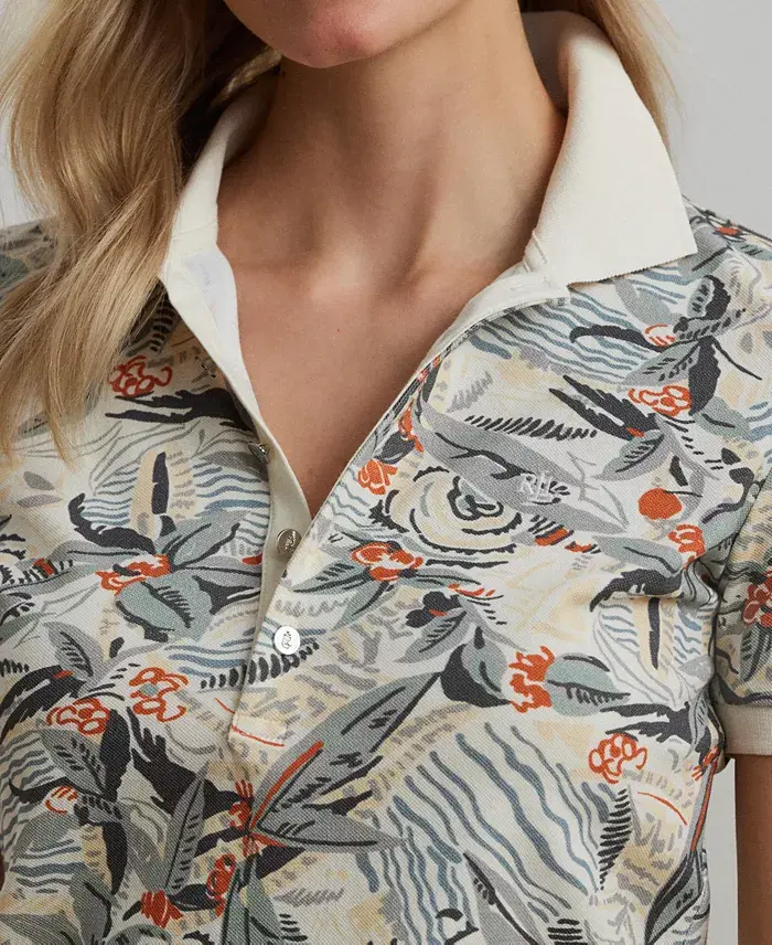 Lauren Ralph Lauren Women's Print Stretch Piqué Polo Shirt Women's Fashion Shoes & Accessories