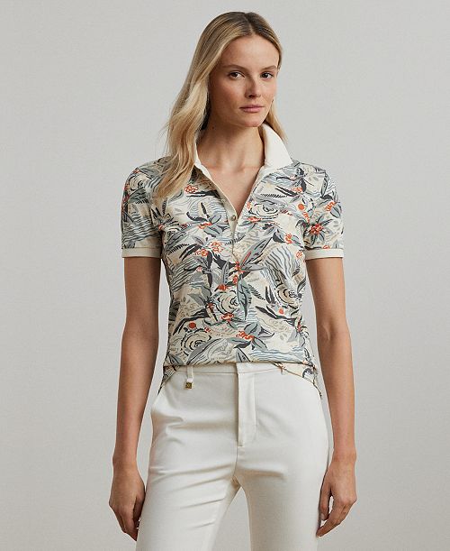 Lauren Ralph Lauren Women's Print Stretch Piqué Polo Shirt Women's Fashion Shoes & Accessories