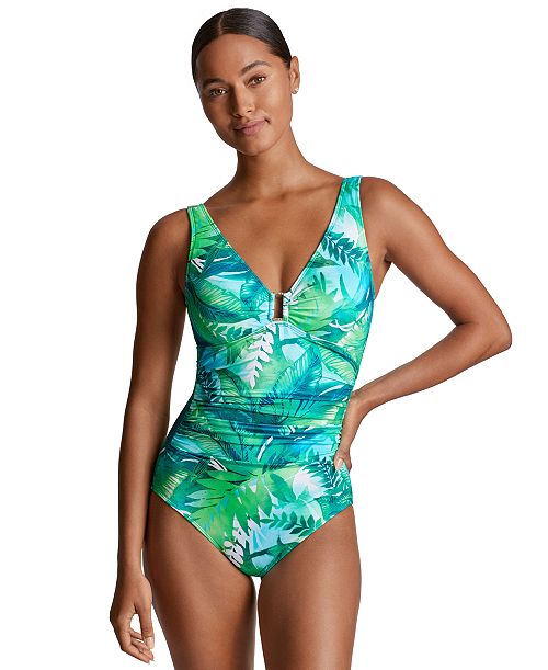 Lauren Ralph Lauren Women's Printed Square-Ring One-Piece Swimsuit Women's Fashion Shoes & Accessories