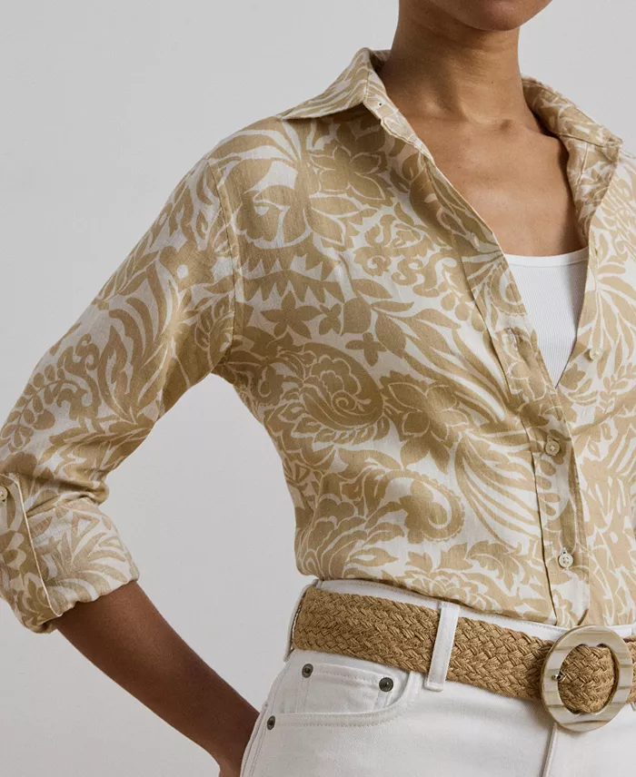 Lauren Ralph Lauren Women's Relaxed-Fit Floral Linen Shirt Regular & Petite Women's Fashion Shoes & Accessories