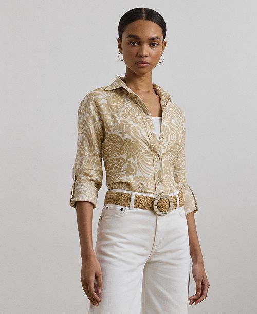 Lauren Ralph Lauren Women's Relaxed-Fit Floral Linen Shirt Regular & Petite Women's Fashion Shoes & Accessories