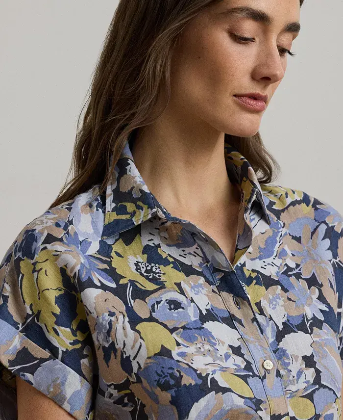 Lauren Ralph Lauren Women's Relaxed-Fit Floral Short-Sleeve Shirt Regular & Petite Women's Fashion Shoes & Accessories