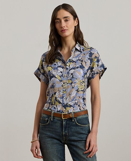 Lauren Ralph Lauren Women's Relaxed-Fit Floral Short-Sleeve Shirt Regular & Petite Women's Fashion Shoes & Accessories