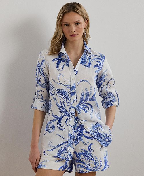 Lauren Ralph Lauren Women's Relaxed-Fit Paisley 100% Linen Shirt Women's Fashion Shoes & Accessories