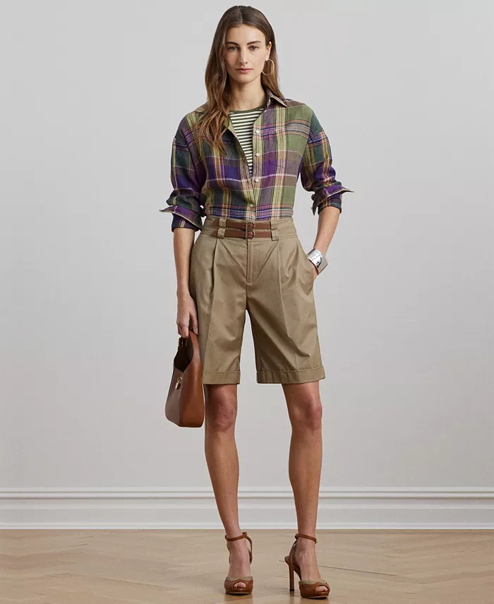 Lauren Ralph Lauren Women's Relaxed-Fit Plaid Linen Shirt Regular & Petite Women's Fashion Shoes & Accessories