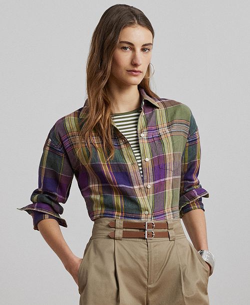Lauren Ralph Lauren Women's Relaxed-Fit Plaid Linen Shirt Regular & Petite Women's Fashion Shoes & Accessories