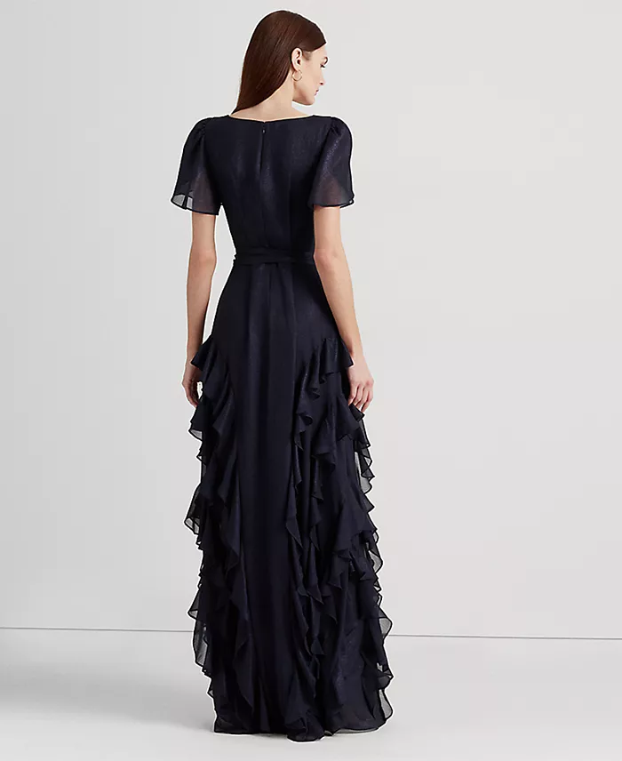 Lauren Ralph Lauren Women's Ruffle-Trim Metallic Chiffon Gown Women's Fashion Shoes & Accessories