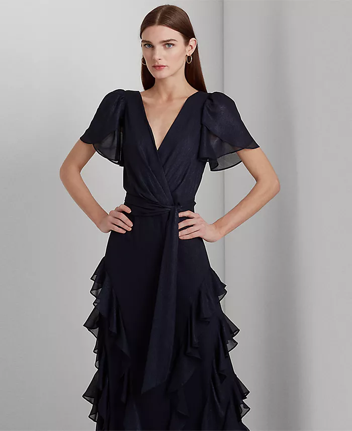 Lauren Ralph Lauren Women's Ruffle-Trim Metallic Chiffon Gown Women's Fashion Shoes & Accessories