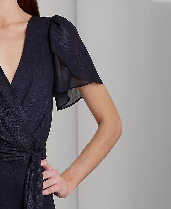 Lauren Ralph Lauren Women's Ruffle-Trim Metallic Chiffon Gown Women's Fashion Shoes & Accessories