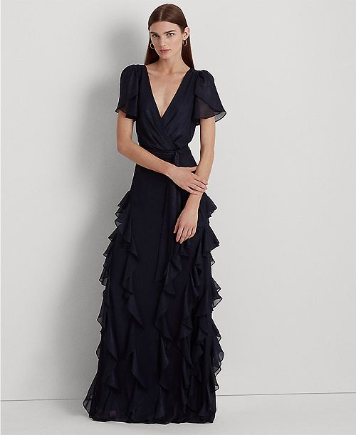Lauren Ralph Lauren Women's Ruffle-Trim Metallic Chiffon Gown Women's Fashion Shoes & Accessories