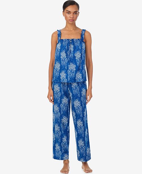 Lauren Ralph Lauren Women's Square Smocked Neck Cropped Pant Pajama Set Women's Fashion Shoes & Accessories