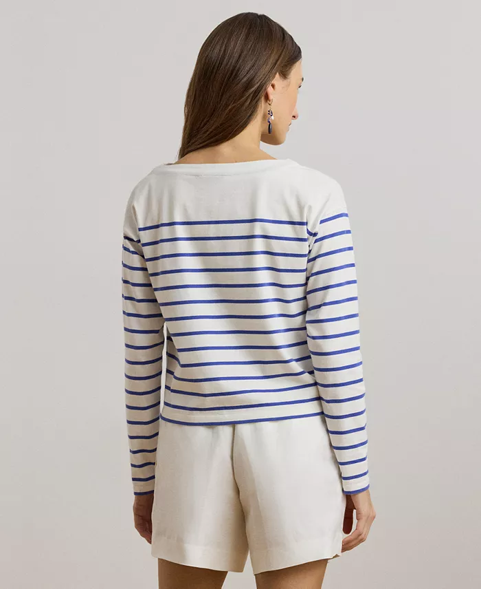 Lauren Ralph Lauren Women's Striped Cotton Jersey Boatneck Top Women's Fashion Shoes & Accessories