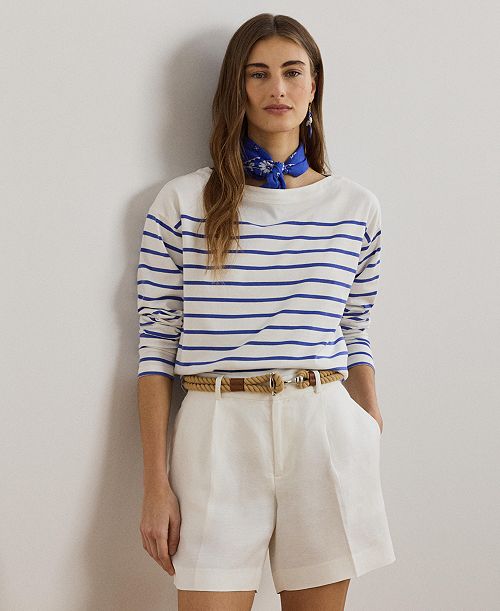 Lauren Ralph Lauren Women's Striped Cotton Jersey Boatneck Top Women's Fashion Shoes & Accessories