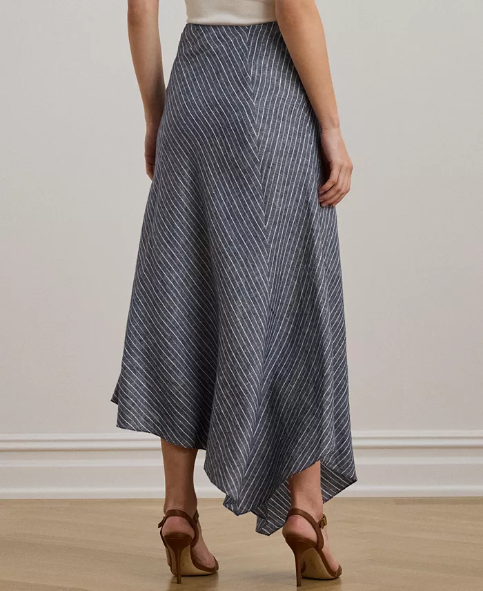 Lauren Ralph Lauren Women's Striped Linen A-Line Midi Skirt Women's Fashion Shoes & Accessories