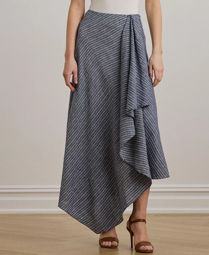 Lauren Ralph Lauren Women's Striped Linen A-Line Midi Skirt Women's Fashion Shoes & Accessories