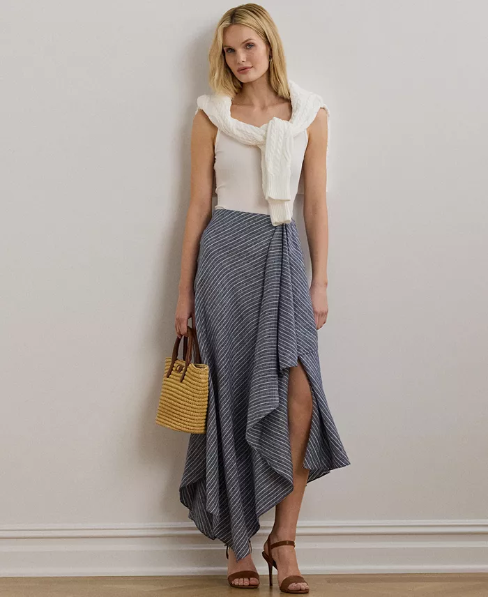 Lauren Ralph Lauren Women's Striped Linen A-Line Midi Skirt Women's Fashion Shoes & Accessories