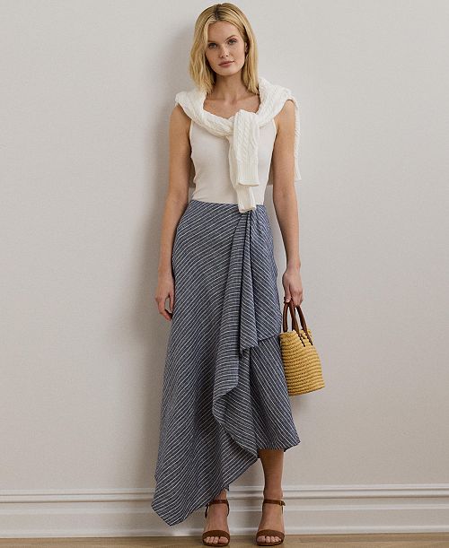Lauren Ralph Lauren Women's Striped Linen A-Line Midi Skirt Women's Fashion Shoes & Accessories