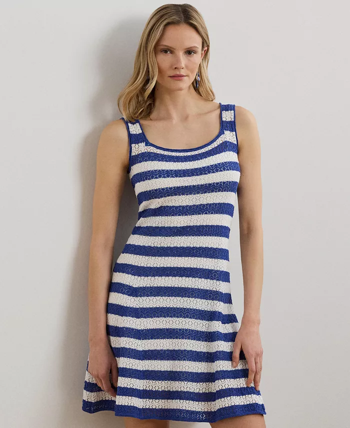 Lauren Ralph Lauren Women's Striped Pointelle-Knit Sweater Dress Women's Fashion Shoes & Accessories