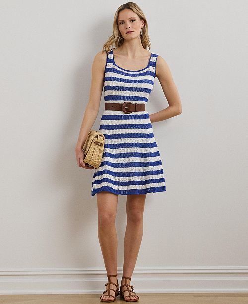 Lauren Ralph Lauren Women's Striped Pointelle-Knit Sweater Dress Women's Fashion Shoes & Accessories
