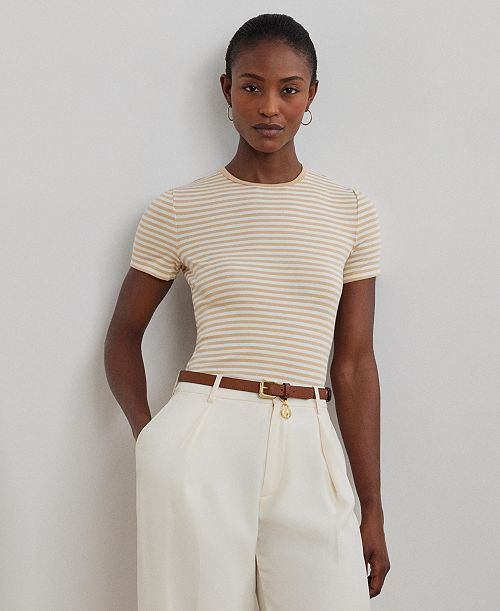 Lauren Ralph Lauren Women's Striped Stretch Cotton Crewneck Tee Women's Fashion Shoes & Accessories