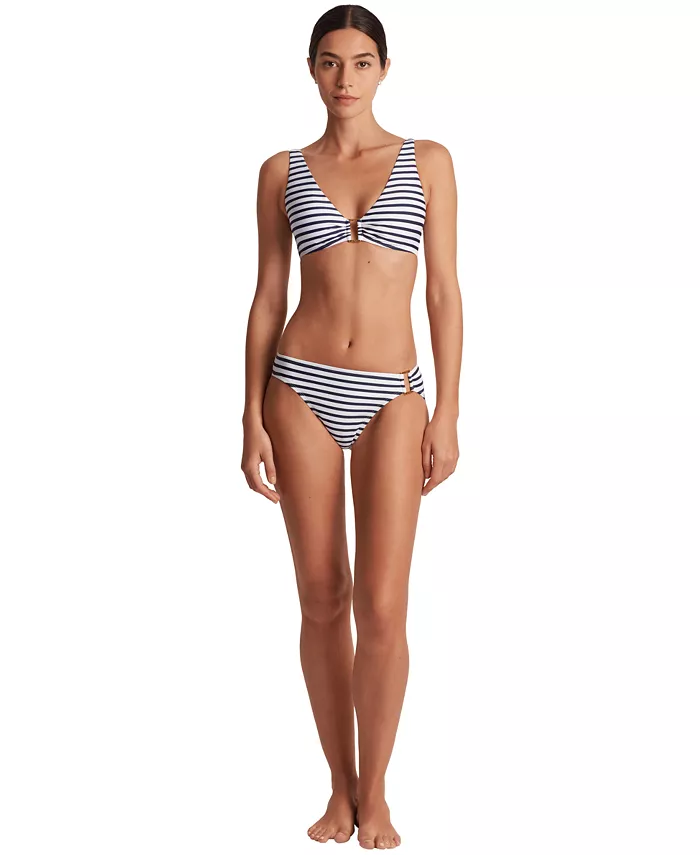Lauren Ralph Lauren Women's Striped V-Neck Bikini Top & Ring Hipster Bikini Bottoms Women's Fashion Shoes & Accessories