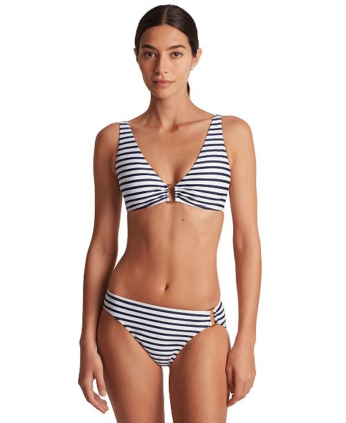 Lauren Ralph Lauren Women's Striped V-Neck Bikini Top & Ring Hipster Bikini Bottoms Women's Fashion Shoes & Accessories