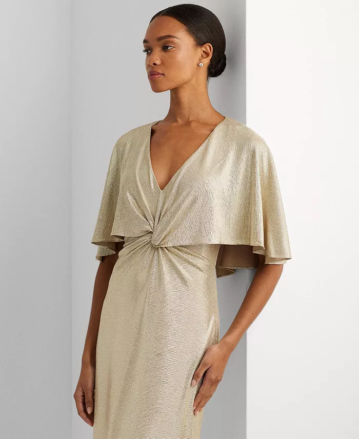 Lauren Ralph Lauren Women's Twist-Front Cape-Overlay Gown Women's Fashion Shoes & Accessories