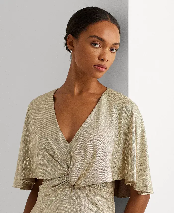 Lauren Ralph Lauren Women's Twist-Front Cape-Overlay Gown Women's Fashion Shoes & Accessories