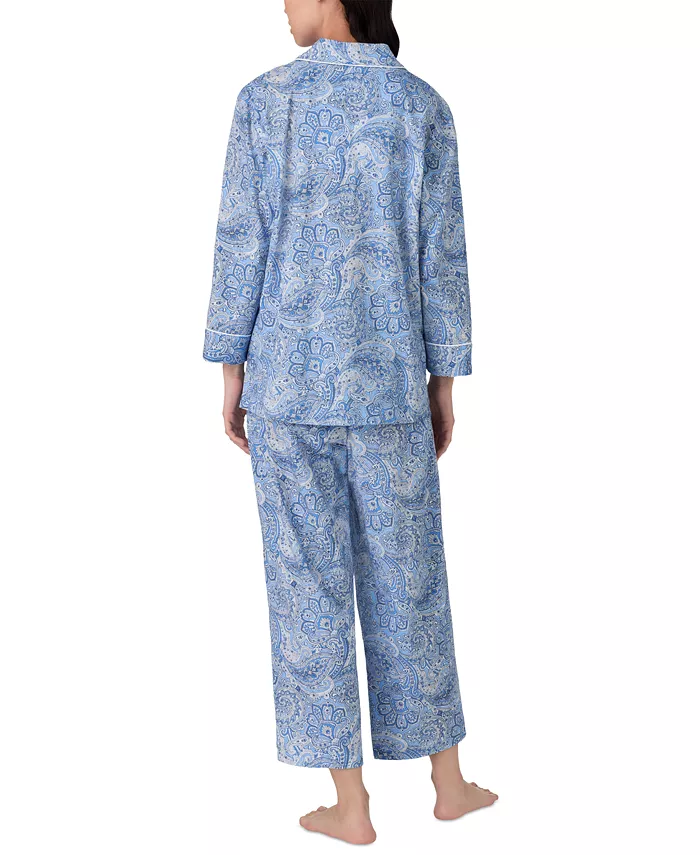 Lauren Ralph Lauren Womens 3/4 Sleeve Cotton Notch Collar Capri Pant Pajama Set Women's Fashion Shoes & Accessories