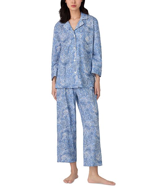 Lauren Ralph Lauren Womens 3/4 Sleeve Cotton Notch Collar Capri Pant Pajama Set Women's Fashion Shoes & Accessories