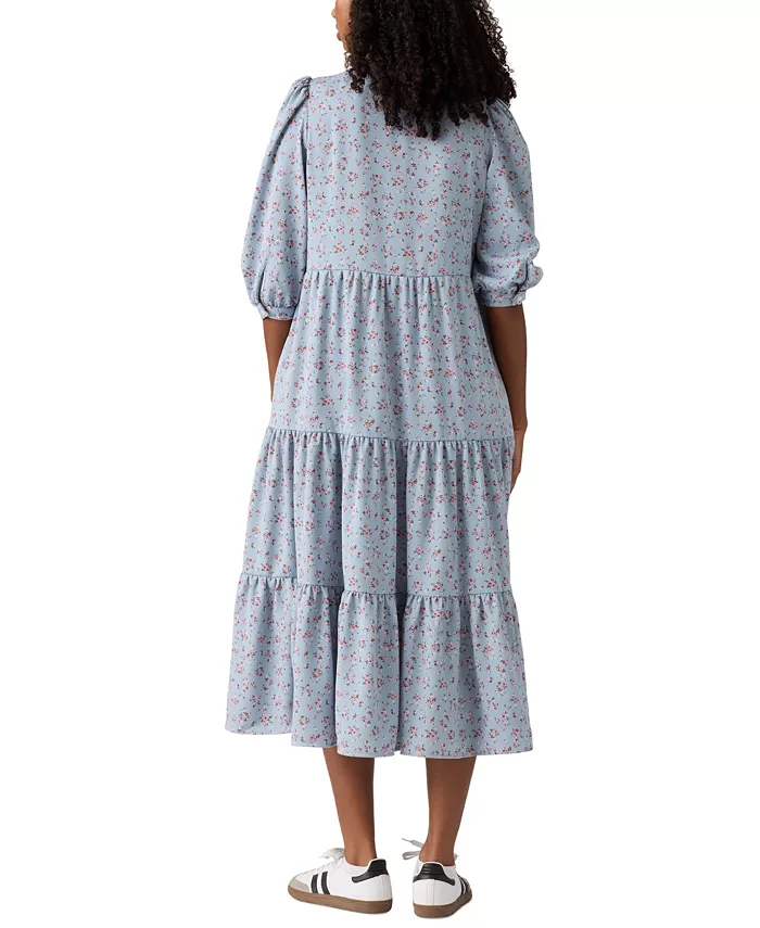 Levi's Women's Cynthia Puff-Sleeve Tiered Midi Dress Women's Fashion Shoes & Accessories