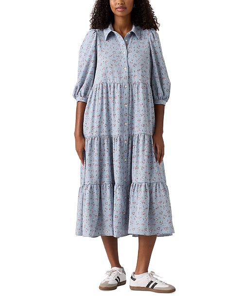 Levi's Women's Cynthia Puff-Sleeve Tiered Midi Dress Women's Fashion Shoes & Accessories