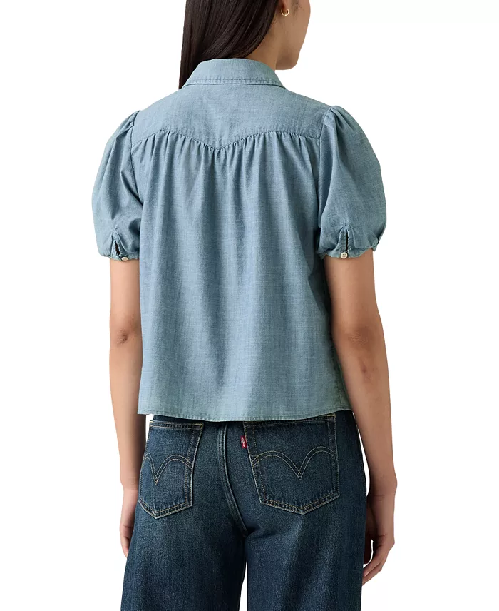 Levi's Women's Lea Printed Puff-Sleeve Slim-Fit Blouse Women's Fashion Shoes & Accessories