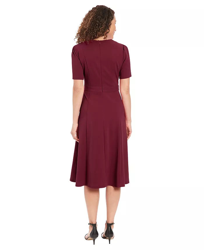 London Times Women's Puff-Sleeve Tab-Detail Fit & Flare Dress Women's Fashion Shoes & Accessories
