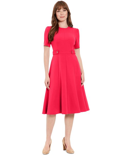 London Times Women's Puff-Sleeve Tab-Detail Fit & Flare Dress Women's Fashion Shoes & Accessories