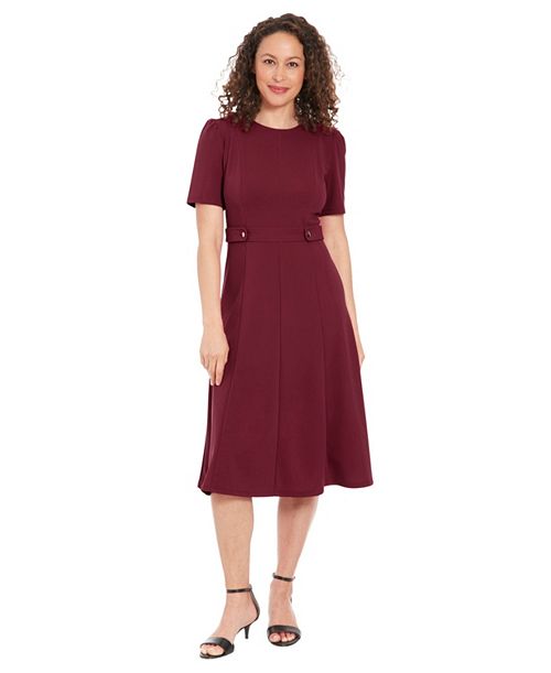 London Times Women's Puff-Sleeve Tab-Detail Fit & Flare Dress Women's Fashion Shoes & Accessories