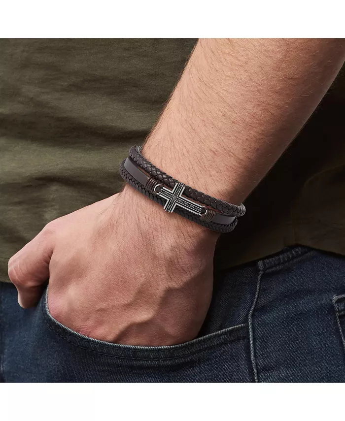 Lucky Brand Braided Leather Bracelet With Cross - Brown Leather Wrap Bracelet For Men Jewelry & Watches